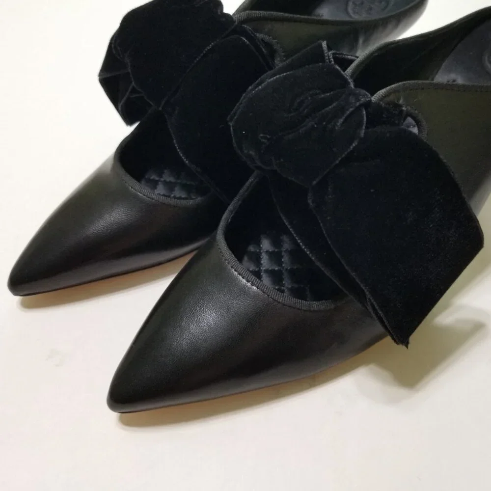 NWOB Tory Burch Clara Leather Mule w. Velvet Bow, Pointed Toe, Perfect‎ Black